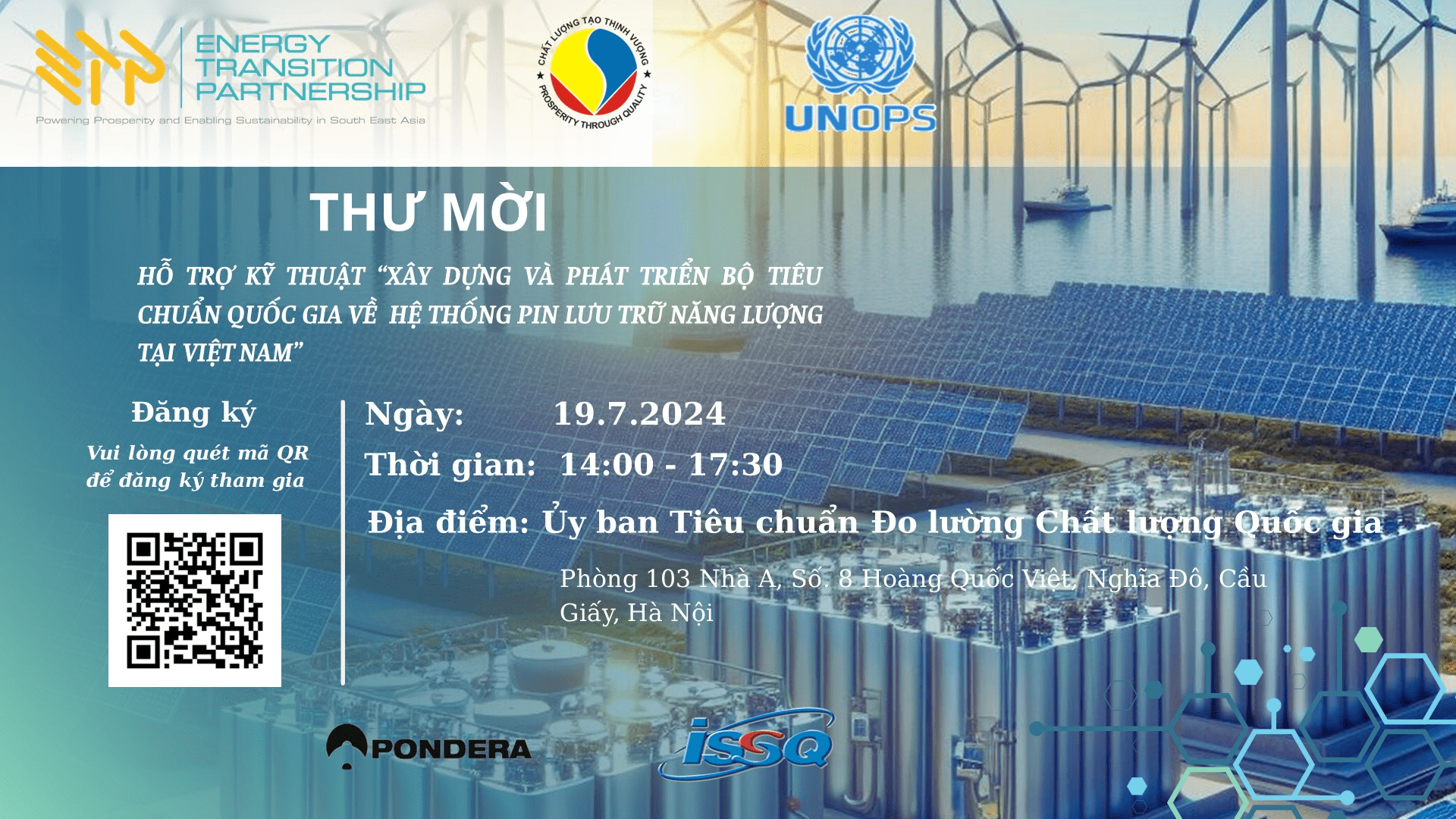 Thông báo Mời tham gia tham vấn: Hoạt động hỗ trợ kỹ thuật “Xây dựng Bộ tiêu chuẩn quốc gia (TCVN) về Hệ thống pin lưu trữ năng lượng Việt Nam”